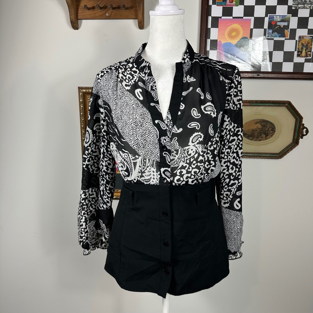Signature by Larry Levine Black & White Blouse Flowy Top & Structured Bottom